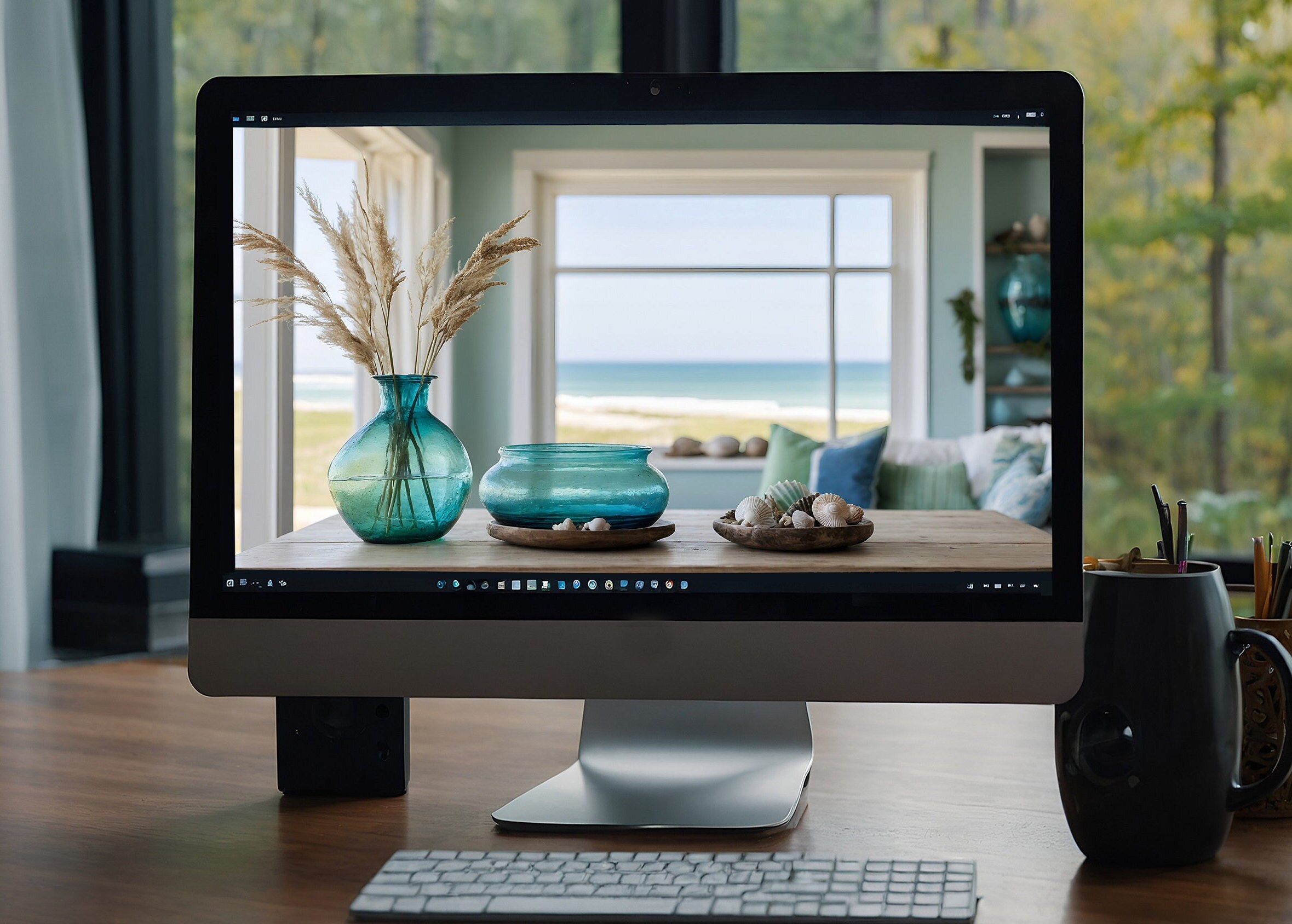 Coastal Farmhouse Summer Cottage Zoom Background for Virtual Meetings