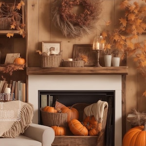 May include: A cozy autumn-themed interior scene with a fireplace, pumpkins, and fall foliage. A wooden bookshelf is filled with books and decorative items. A large orange pumpkin sits in the foreground, with a neutral-toned blanket draped over a chair.