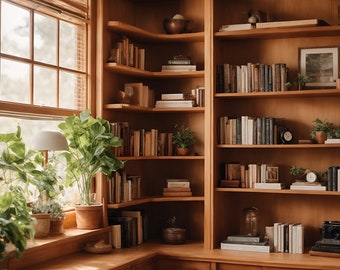 Estantería de esquina con fondo virtual para Zoom, MS Teams, Webex, Skype y Google Meet, estantería de oficina virtual profesional con luz natural