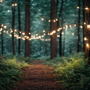 Puede incluir: Un camino bordeado de árboles en un bosque, decorado con luces de cadena. Las luces están colgadas entre los árboles y crean un ambiente cálido y acogedor.