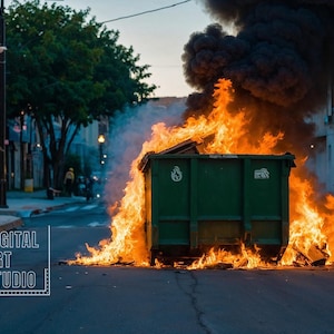May include: A green metal dumpster is engulfed in flames on a city street. Black smoke billows from the fire. The dumpster is in the middle of the street, and there are buildings on either side.