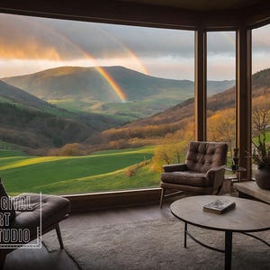 May include: A living room with large windows overlooking a valley with a rainbow in the sky. There are two chairs and a coffee table in the room. A wood-burning stove is on the right side of the room.