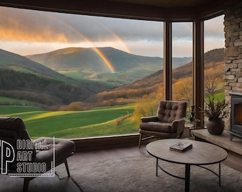 Virtual Green Hills Background for Meetings, Cozy Office Grassy Field and Rainbow Backdrop for Zoom, Teams, Webex