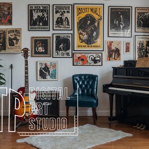 May include: A room featuring musical instruments and vintage concert posters. A black piano, two guitars, and a blue chair are visible. The text "RTP DIGITAL ART STUDIO" is overlaid on the image.