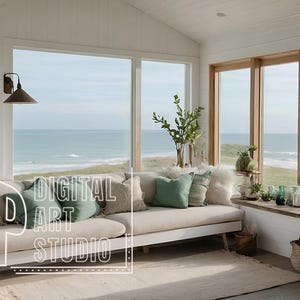 Coastal Farmhouse Summer Cottage Zoom Background for Virtual Meetings, Neutral Boho Rustic Minimalist Home Office Backdrop, Coastal Views