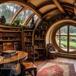 Puede incluir: Una acogedora habitación circular con una gran ventana redonda que da a un exuberante paisaje verde. La habitación está llena de estanterías llenas de libros y una mesa de madera con sillas. La habitación tiene un techo rústico de madera y un ambiente cálido y acogedor.