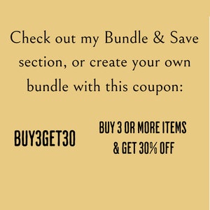 Puede incluir: Un fondo amarillo con texto negro que dice "Check out my Bundle & Save section, or create your own bundle with this coupon: BUY 3 OR MORE ITEMS & GET 30% OFF" y "BUY3GET30".