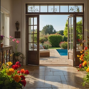 Backyard Flower Garden Zoom Background, Natural Virtual Spring Home Office for Teams Meetings, Work From Home Summer Green Space Backdrop