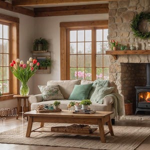 May include: A living room with a stone fireplace and a wood-burning stove. The room has a large couch with pillows, a coffee table, and a wicker chair. There are windows with views of trees and a wreath on the wall.