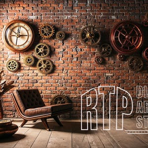 May include: An interior design scene with a steampunk theme. A brick wall is adorned with clocks and gears. A leather chair sits in front of the wall. The text "DIGITAL ART STUDIO" is visible.