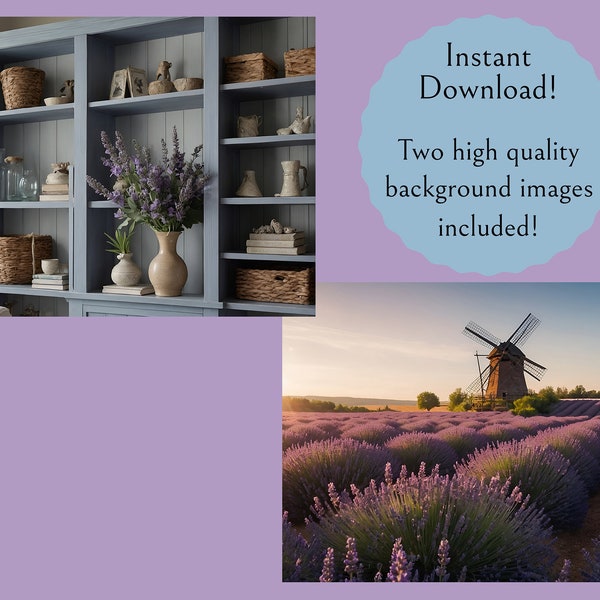 Two Image Set Virtual Background Boho Farmhouse Bookcase with Lavender Accents for Zoom, Floral Home Office Professional Meeting Backdrop