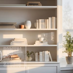 Zoom Background White Bookshelf and Window, Morning Light Virtual Home Office for Teams Meetings, Work From Home Minimalist Shelves Backdrop