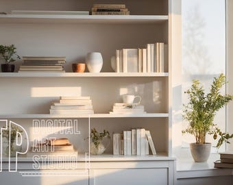 Zoom Hintergrund Weiß Bücherregal und Fenster, Morgenlicht Virtuelles Home Office für Team-Besprechungen, Arbeit von zu Hause aus Minimalistische Regale im Hintergrund