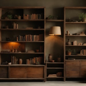 May include: Two tall wooden bookshelves with multiple shelves filled with books and potted plants. The shelves have a dark brown finish and are against a dark gray wall. A lamp with a beige shade is on the left side of the image.