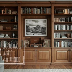 Zoom Background Masculine Wooden Bookshelf, Virtual Home Office Backdrop Teams Meetings, Remote Worker, Blurred included