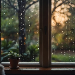 Puede incluir: Una planta en maceta se encuentra en un alféizar de ventana con lluvia cayendo afuera. La ventana está hecha de paneles de vidrio con un marco de madera. La planta está en una maceta de terracota y tiene hojas verdes. La lluvia cae en un flujo constante y el fondo está desenfocado.