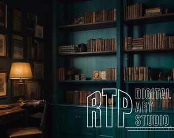 May include: A dark green bookcase filled with books in a dimly lit room. Two lamps with beige lampshades are on a wooden desk with a framed picture on the wall behind it. The text "RTP Digital Art Studio" is visible in the lower right corner of the image.