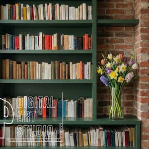 May include: A dark green bookshelf filled with books of various sizes and colors. A vase of colorful flowers sits on a shelf. The text "DIGITAL ART STUDIO" is visible on the bottom left.