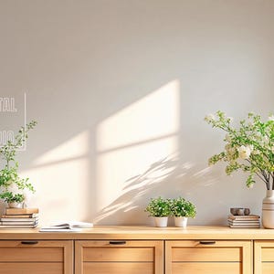 May include: A light wood cabinet with three drawers and three doors. The cabinet is decorated with a vase of white flowers, two potted plants, and a stack of books. The text "RTP DIGITAL ART STUDIO" is written on the wall behind the cabinet.