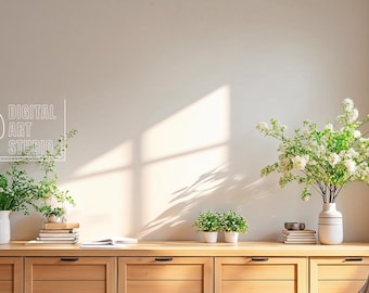 Könnte beinhalten: Ein heller Holzschrank mit drei Schubladen und drei Türen. Der Schrank ist mit einer Vase mit weißen Blumen, zwei Topfpflanzen und einem Stapel Büchern dekoriert. Der Text "RTP DIGITAL ART STUDIO" steht an der Wand hinter dem Schrank.