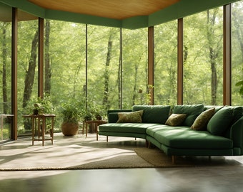 Zoomachtergrond Huis in het bos, uitzicht op natuurlijke bomen, virtuele thuiskantoorachtergrond voor teamvergaderingen, achtergrond voor werken vanuit huis