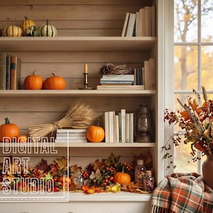 May include: A wooden bookshelf with three tiers containing books, orange pumpkins, a wheat sheaf, a lantern, and a candle. The bottom shelf features autumn leaves and small glass bottles. A vase with dried foliage sits on a ledge next to a window.