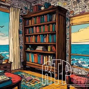 Vintage Comic Style Virtual Background for Zoom Meetings, Home Office Background for Online Meetings, Ocean View Comic Book Office Room