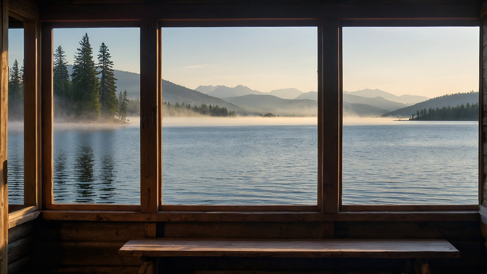 Lake View Zoom Background Virtual Office for Meetings, Cozy Cabin Backdrop with Serene Lake, Mountains, and Evergreen Trees, Chill Vibe