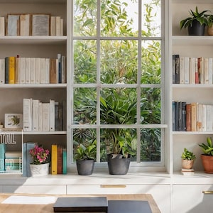 Zoomachtergrond witte boekenplank en raam, virtuele thuiskantoorachtergrond voor teamvergaderingen, thuiswerken Minimalistische plankenachtergrond