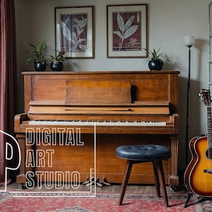 May include: A vintage wooden piano with a black stool sits in a room with guitars and a bookshelf. The room has a window, a red rug, and framed botanical prints. The text "DIGITAL ART STUDIO" is overlaid on the image.