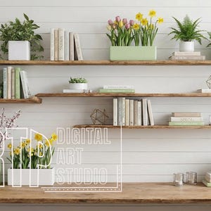 May include: Wooden shelves with plants, books, and decorative items against a white wall. The shelves hold potted plants, including tulips and daffodils, and stacks of books. The text "DIGITAL ART STUDIO" is visible.