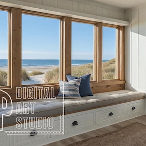 May include: A bright, airy interior with a window seat overlooking a beach scene. The window seat has a beige cushion and decorative pillows. The room features white cabinetry, wooden window frames, and the text "DIGITAL ART STUDIO".