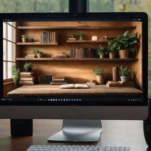 May include: A computer screen shows a wooden desk scene with books, plants, and a candle. The computer sits on a wooden desk, with a black mug and pen holder to the right. The background is a blurred view of a green forest.