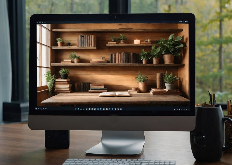 May include: A computer screen shows a wooden desk scene with books, plants, and a candle. The computer sits on a wooden desk, with a black mug and pen holder to the right. The background is a blurred view of a green forest.