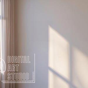Puede incluir: Escena interior con una ventana de marco blanco y cortinas transparentes. La ventana muestra un árbol con follaje otoñal. La pared es de color neutro, con luz solar proyectando sombras. El texto "DIGITAL ART STUDIO" es visible.
