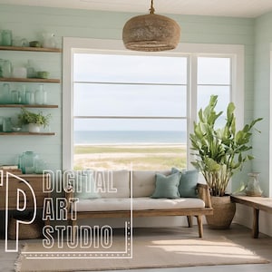 Coastal Farmhouse Summer Cottage Zoom Background for Virtual Meetings, Neutral Boho Rustic Minimalist Home Office Backdrop, Coastal Views