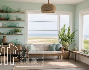 Coastal Farmhouse Summer Cottage Zoom Background for Virtual Meetings, Neutral Boho Rustic Minimalist Home Office Backdrop, Coastal Views