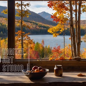 May include: A scenic view through a window of a lake surrounded by trees with vibrant autumn foliage. A wooden table holds a bowl of fruit and a jar. The text "RTP DIGITAL ART STUDIO" is visible.