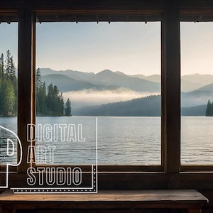 Zoomachtergrond met uitzicht op het meer Virtueel kantoor voor vergaderingen, gezellige hutachtergrond met sereen meer, bergen en groenblijvende bomen, relaxte sfeer