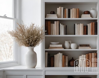 Zoom Background White Bookshelf and Window, Natural Light Virtual Home Office for Teams Meetings, Work From Home Minimalist Shelves Backdrop