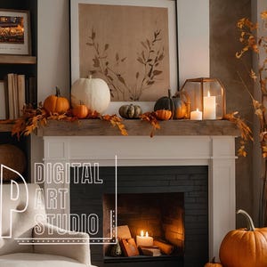 May include: A cozy autumn-themed interior scene featuring a fireplace mantel adorned with pumpkins, candles, and fall foliage. A large pumpkin sits on the floor. The text "DIGITAL ART STUDIO" is visible. The room is decorated in warm, neutral tones.
