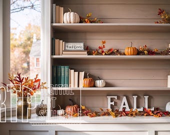 Autumn Bookshelf Virtual Background Zoom Meetings, Fall Themed Professional Home Office Shelving, Pumpkin Harvest Season Backdrop Halloween