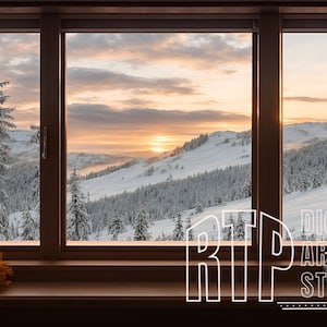 Virtual Zoom Background , MS Teams, Webex, Skype Meetings, Winter Window Background in 16:9, Virtual Office Snowy Trees and Sunset Backdrop