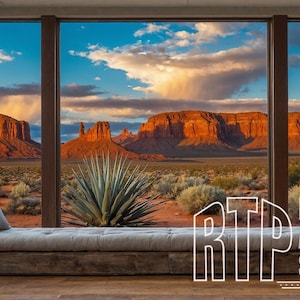 May include: A scenic view of a desert landscape framed by a large window. The image features a bench with pillows, curtains, and a view of mesas under a cloudy sky. The text "DIGITAL ART STUDIO" is visible.