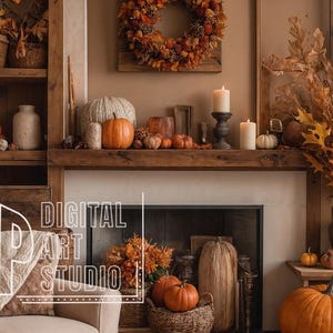 May include: A cozy autumn-themed interior with a fireplace, shelves, and a wreath. The scene features pumpkins, candles, and fall foliage in warm orange and brown tones. The text "DIGITAL ART STUDIO" is visible.