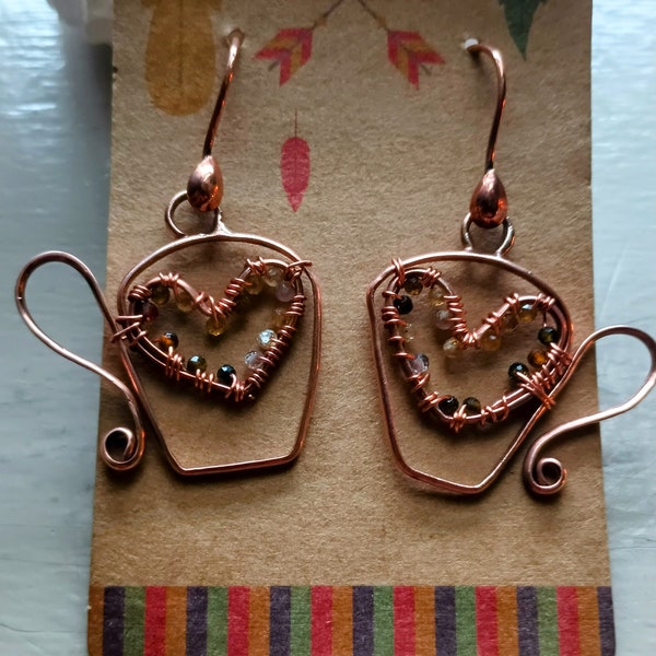 Watermelon Tourmaline and Copper Coffee Lovers Copper Coffee Cup Wire Modest Dangle Earrings