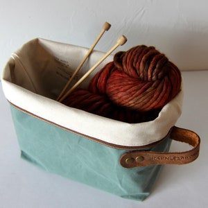 Plaid Waxed Canvas Project Bag, Natural Duck Canvas, Knitting Bag, Crochet Bag, Drawstring Bag