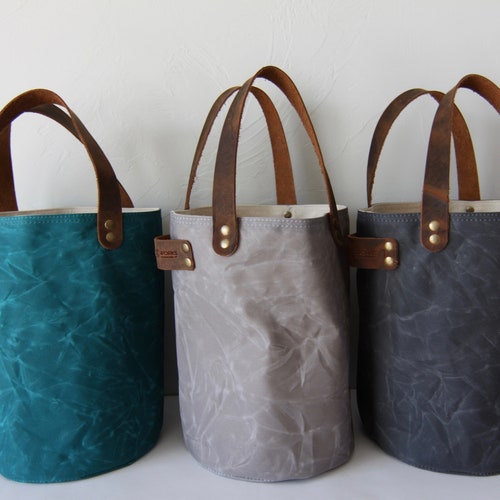 Organic Waxed Canvas Bucket Bag Project Bag With Pockets. Etsy