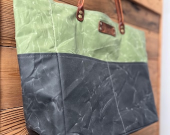 Large Market Tote Organic Waxed Canvas Bison Leather Handle