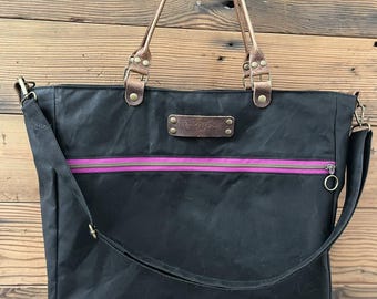 Organic Waxed Canvas & Bison Leather Laptop Large Tote Bag